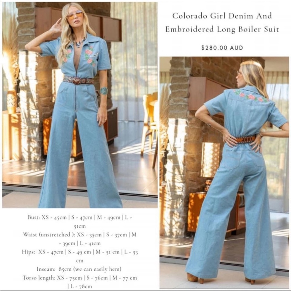 Chasing Unicorns Light Blue Denim Embroidered Wide‑Leg Jumpsuit